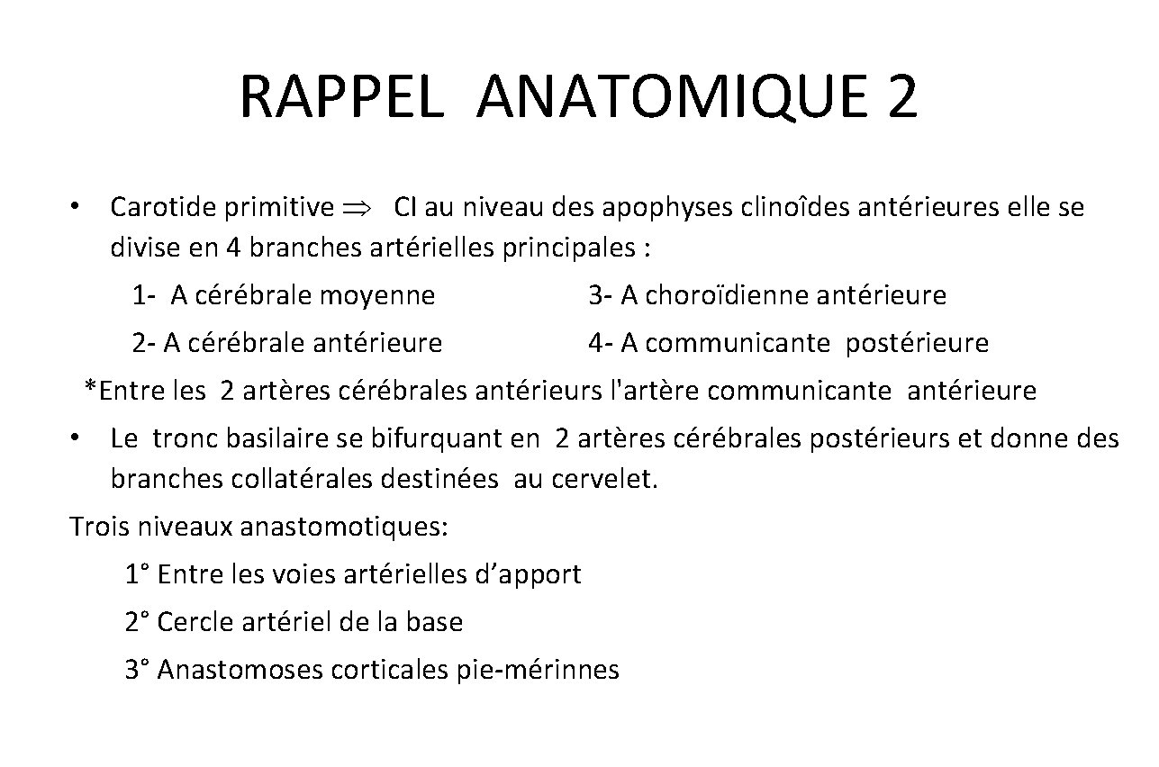 RAPPEL ANATOMIQUE 2 • Carotide primitive CI au niveau des apophyses clinoîdes antérieures elle