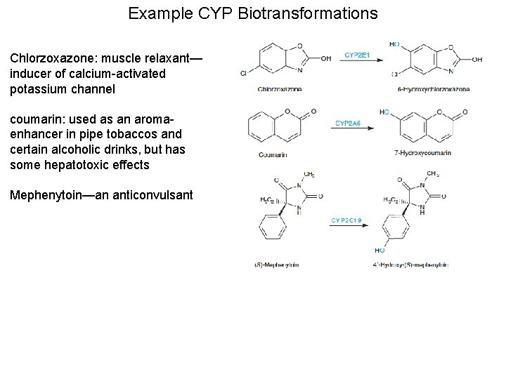 Example CYP Biotransformations Chlorzoxazone: muscle relaxant— inducer of calcium-activated potassium channel coumarin: used as