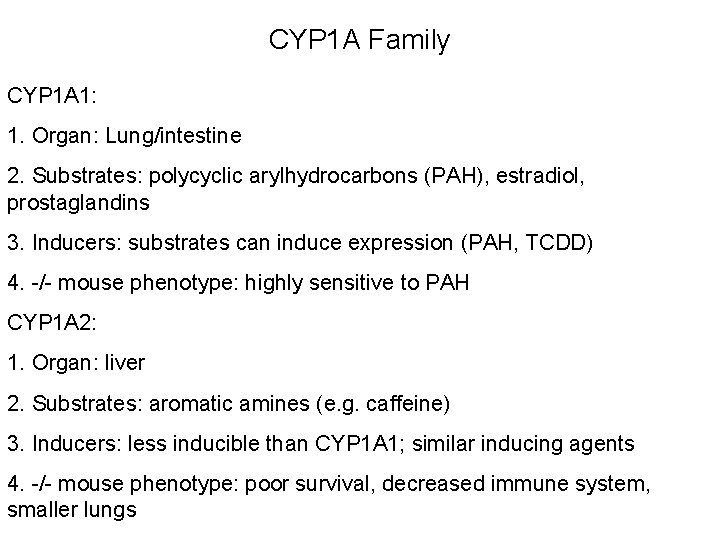 CYP 1 A Family CYP 1 A 1: 1. Organ: Lung/intestine 2. Substrates: polycyclic