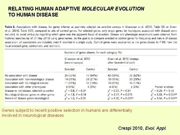RELATING HUMAN ADAPTIVE MOLECULAR EVOLUTION TO HUMAN DISEASE Genes subject to recent positive selection