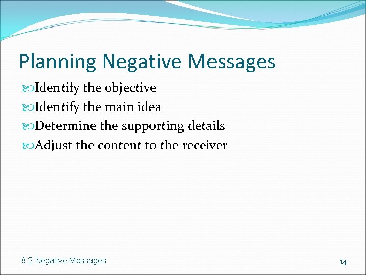 Planning Negative Messages Identify the objective Identify the main idea Determine the supporting details