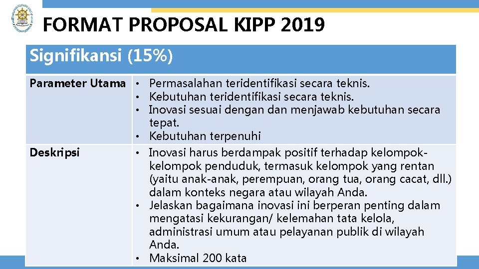 FORMAT PROPOSAL KIPP 2019 Signifikansi (15%) Parameter Utama • Permasalahan teridentifikasi secara teknis. •