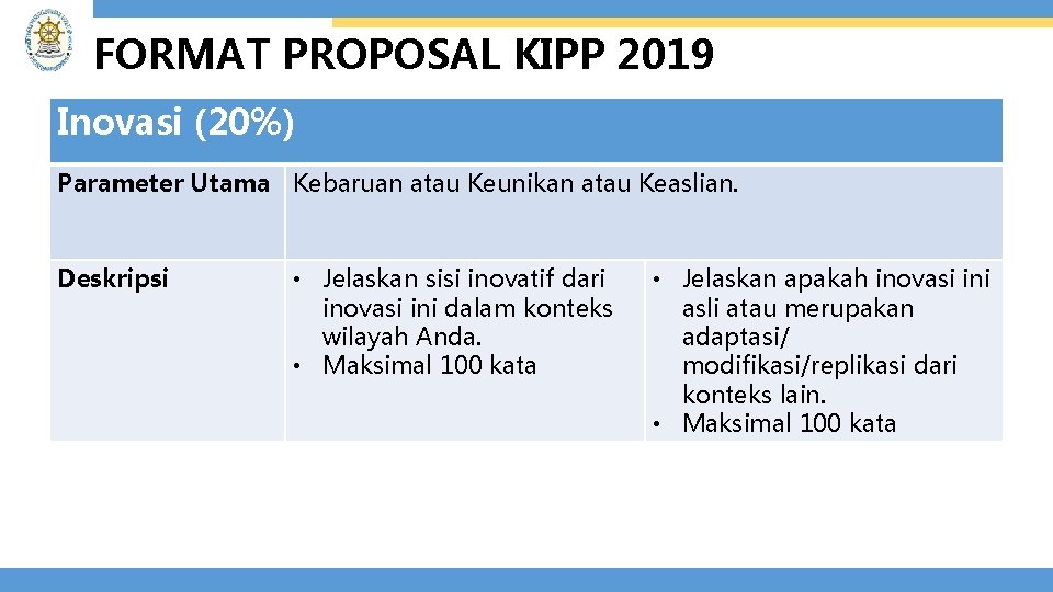 FORMAT PROPOSAL KIPP 2019 Inovasi (20%) Parameter Utama Kebaruan atau Keunikan atau Keaslian. Deskripsi
