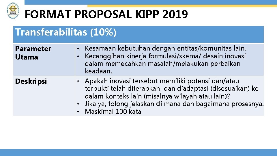 FORMAT PROPOSAL KIPP 2019 Transferabilitas (10%) Parameter Utama Deskripsi • Kesamaan kebutuhan dengan entitas/komunitas