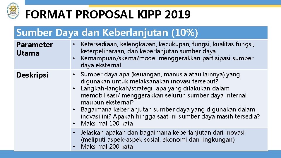 FORMAT PROPOSAL KIPP 2019 Sumber Daya dan Keberlanjutan (10%) Parameter Utama • Ketersediaan, kelengkapan,