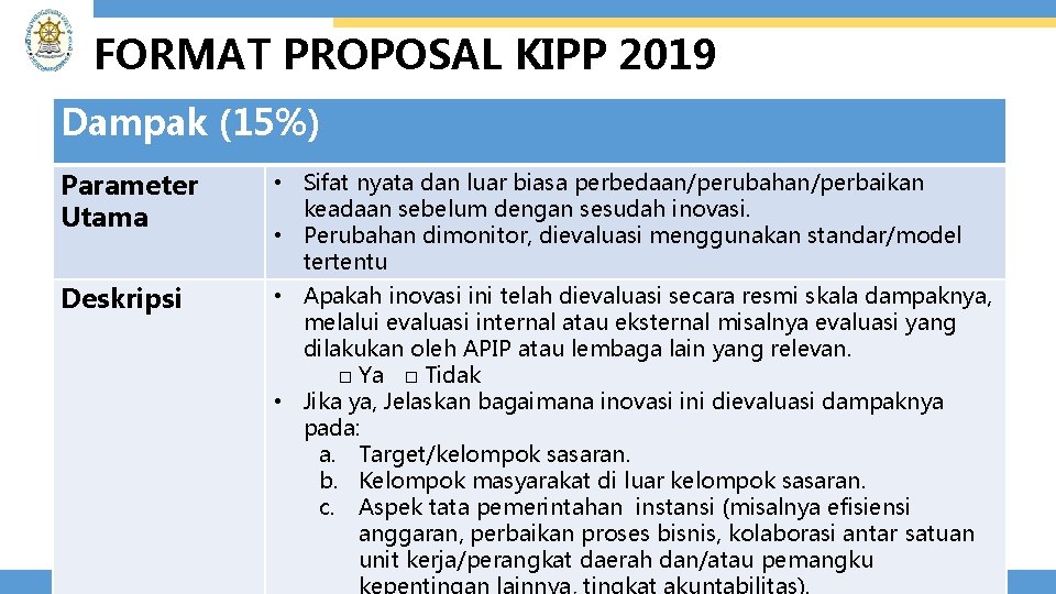 FORMAT PROPOSAL KIPP 2019 Dampak (15%) Parameter Utama • Sifat nyata dan luar biasa