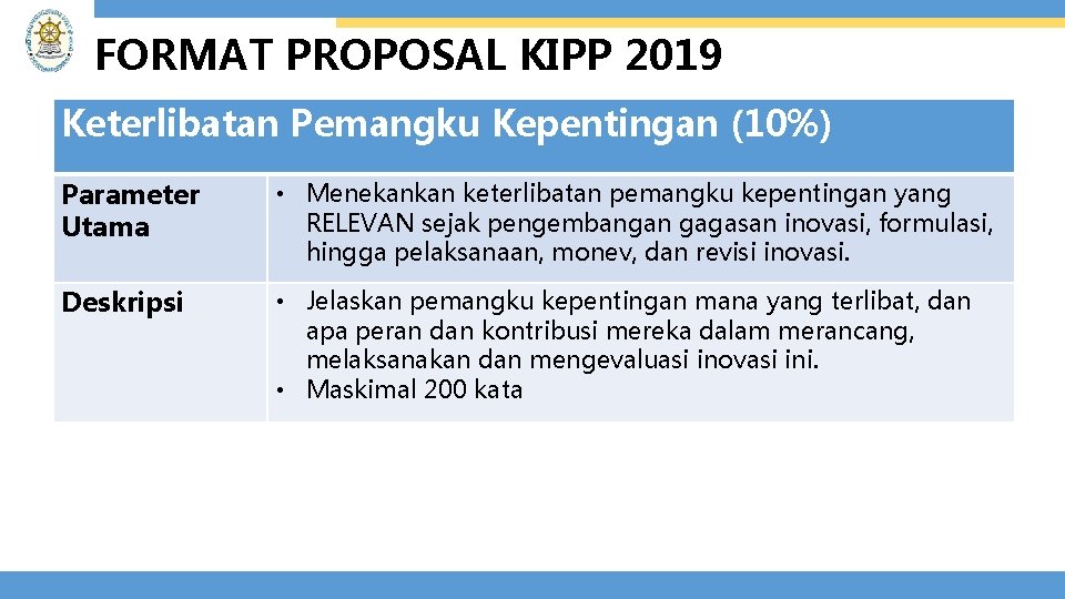 FORMAT PROPOSAL KIPP 2019 Keterlibatan Pemangku Kepentingan (10%) Parameter Utama • Menekankan keterlibatan pemangku