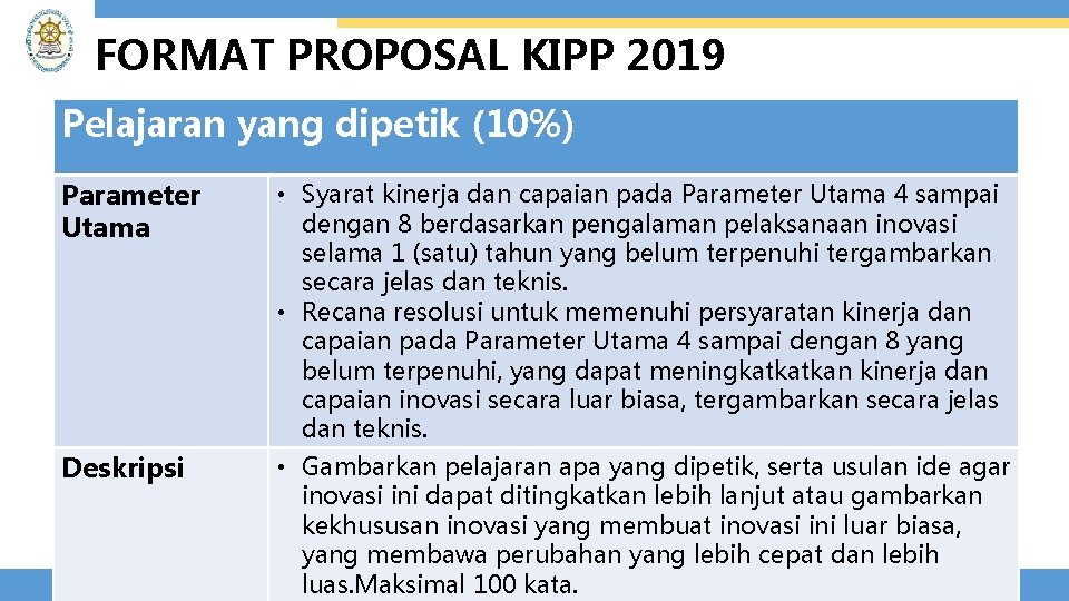 FORMAT PROPOSAL KIPP 2019 Pelajaran yang dipetik (10%) Parameter Utama Deskripsi • Syarat kinerja