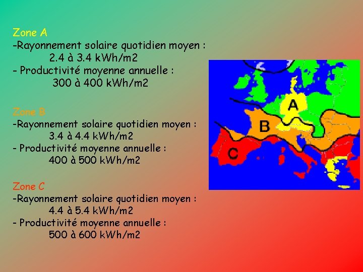 Zone A -Rayonnement solaire quotidien moyen : 2. 4 à 3. 4 k. Wh/m