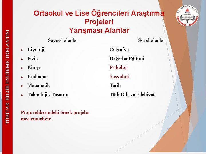 TÜBİTAK BİLGİLENDİRME TOPLANTISI Ortaokul ve Lise Öğrencileri Araştırma Projeleri Yarışması Alanlar Sayısal alanlar Sözel