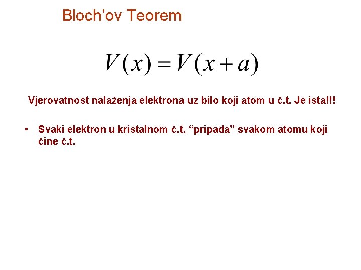 Bloch’ov Teorem Vjerovatnost nalaženja elektrona uz bilo koji atom u č. t. Je ista!!!