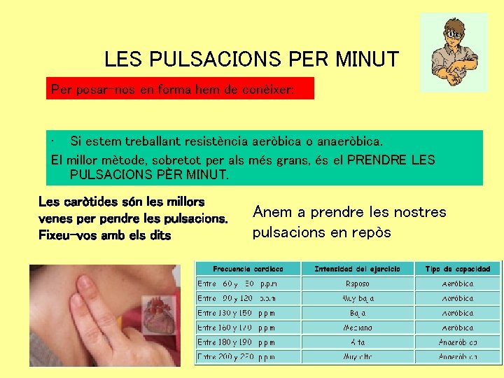 LES PULSACIONS PER MINUT Per posar-nos en forma hem de conèixer: • Si estem