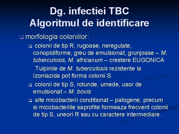 Dg. infectiei TBC Algoritmul de identificare q morfologia coloniilor: colonii de tip R, rugoase,