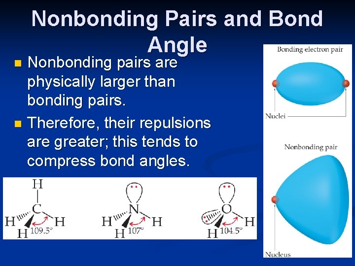 Nonbonding Pairs and Bond Angle Nonbonding pairs are physically larger than bonding pairs. n