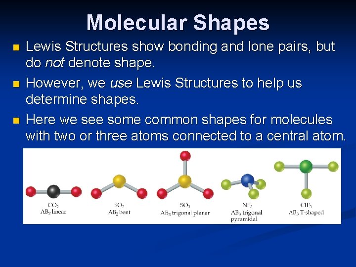 Molecular Shapes n n n Lewis Structures show bonding and lone pairs, but do