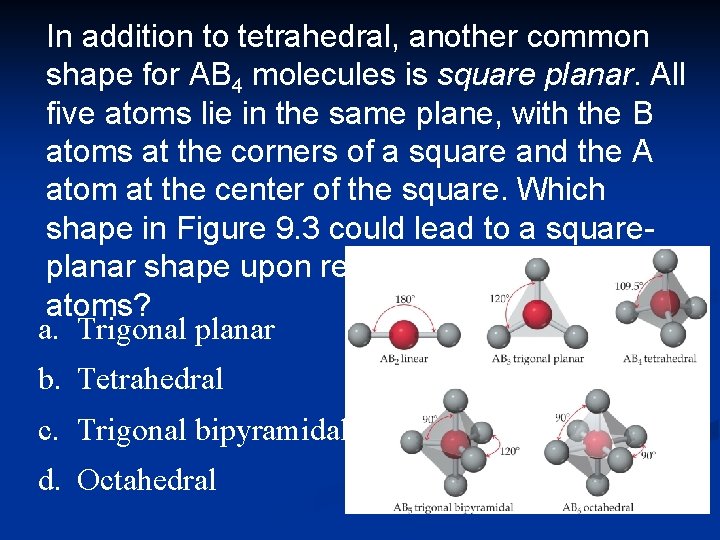 In addition to tetrahedral, another common shape for AB 4 molecules is square planar.