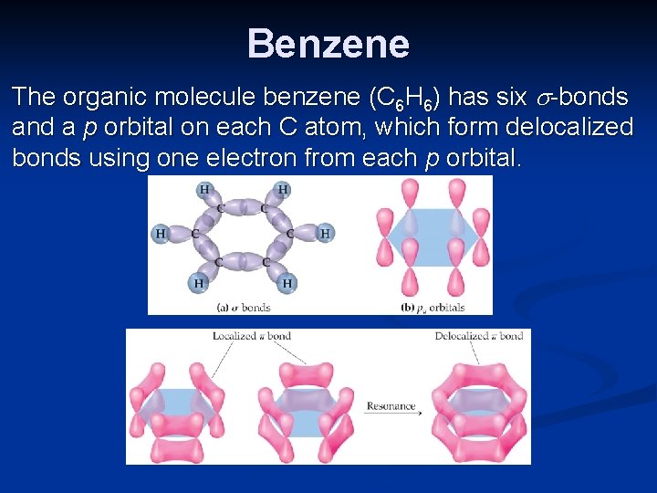 Benzene The organic molecule benzene (C 6 H 6) has six -bonds and a