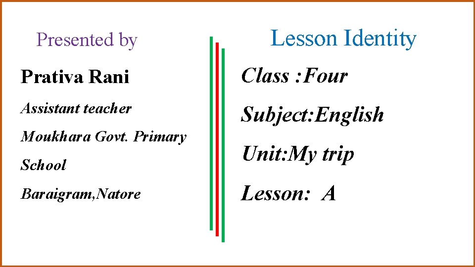 Presented by Lesson Identity Prativa Rani Class : Four Assistant teacher Subject: English Moukhara