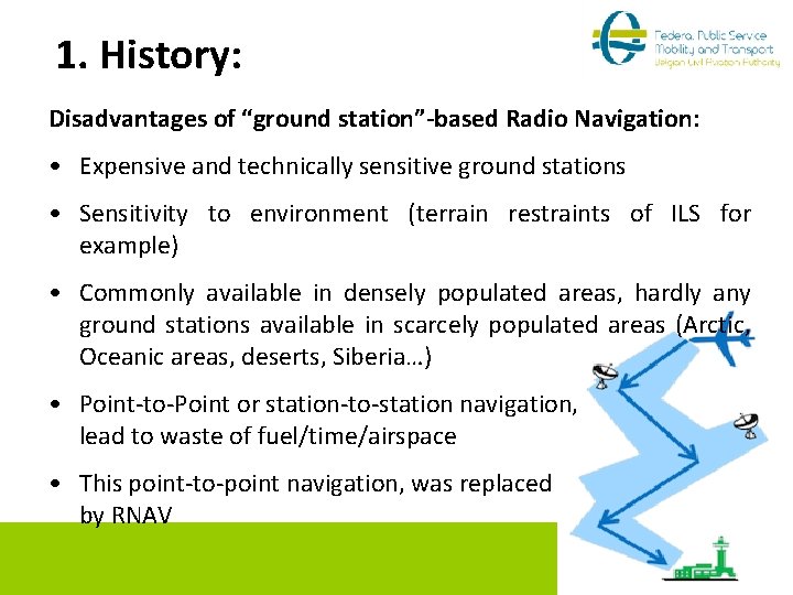 1. History: Disadvantages of “ground station”-based Radio Navigation: • Expensive and technically sensitive ground