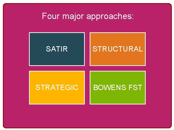 Four major approaches: SATIR STRUCTURAL STRATEGIC BOWENS FST 