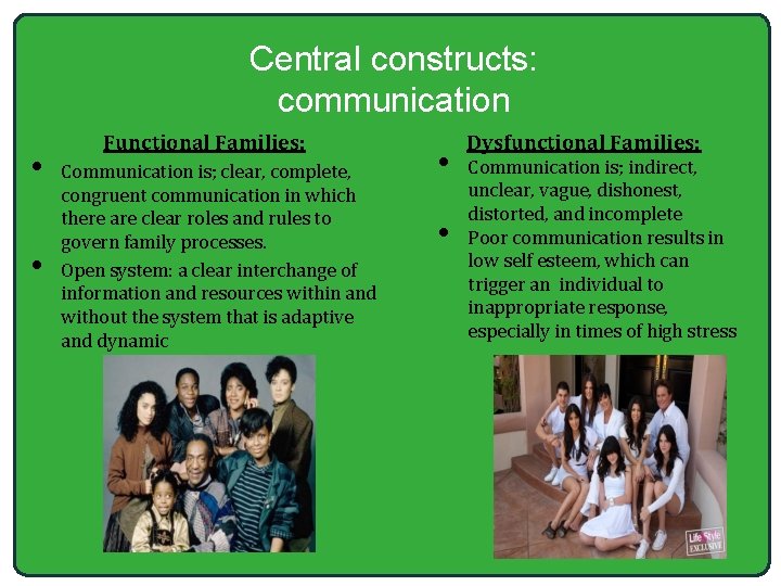 Central constructs: communication • • Functional Families: Communication is; clear, complete, congruent communication in
