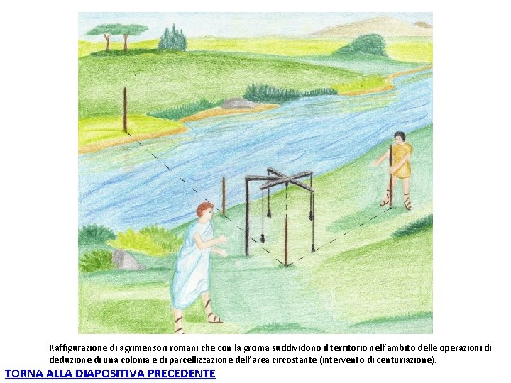 Raffigurazione di agrimensori romani che con la groma suddividono il territorio nell’ambito delle operazioni Raffigurazione di agrimensori romani che con la groma suddividono il territorio nell’ambito delle operazioni