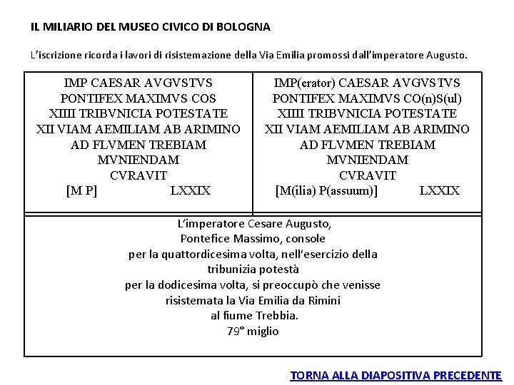 IL MILIARIO DEL MUSEO CIVICO DI BOLOGNA L’iscrizione ricorda i lavori di risistemazione della