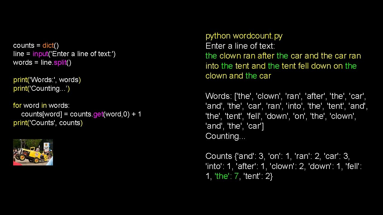 counts = dict() line = input('Enter a line of text: ') words = line.