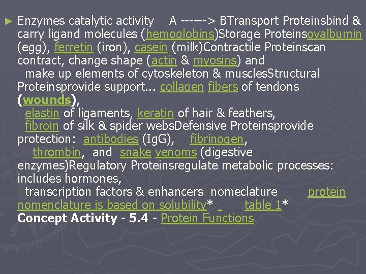 ► Enzymes catalytic activity A ------> BTransport Proteinsbind & carry ligand molecules (hemoglobins)Storage Proteinsovalbumin