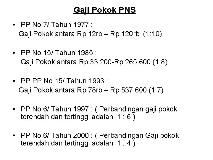 Gaji Pokok PNS • PP No. 7/ Tahun 1977 : Gaji Pokok antara Rp.