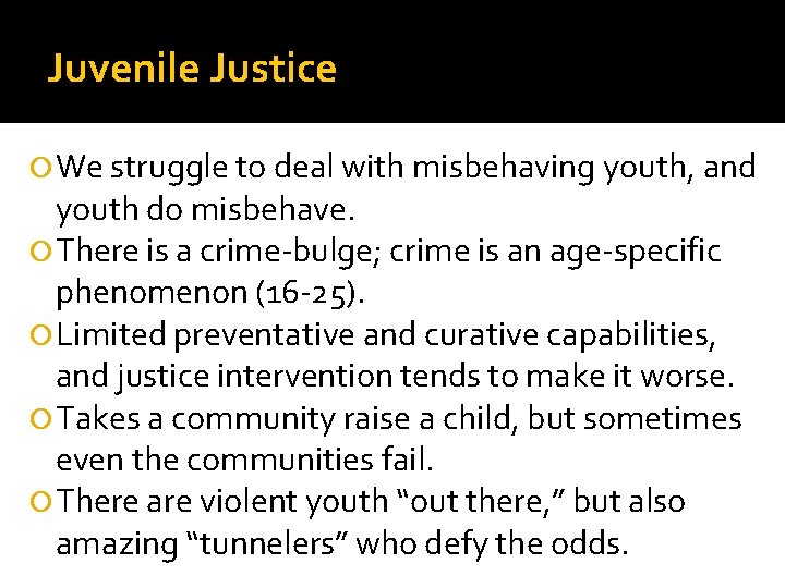 Juvenile Justice We struggle to deal with misbehaving youth, and youth do misbehave. There