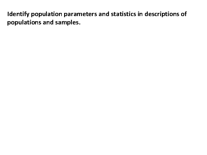 Identify population parameters and statistics in descriptions of populations and samples. 