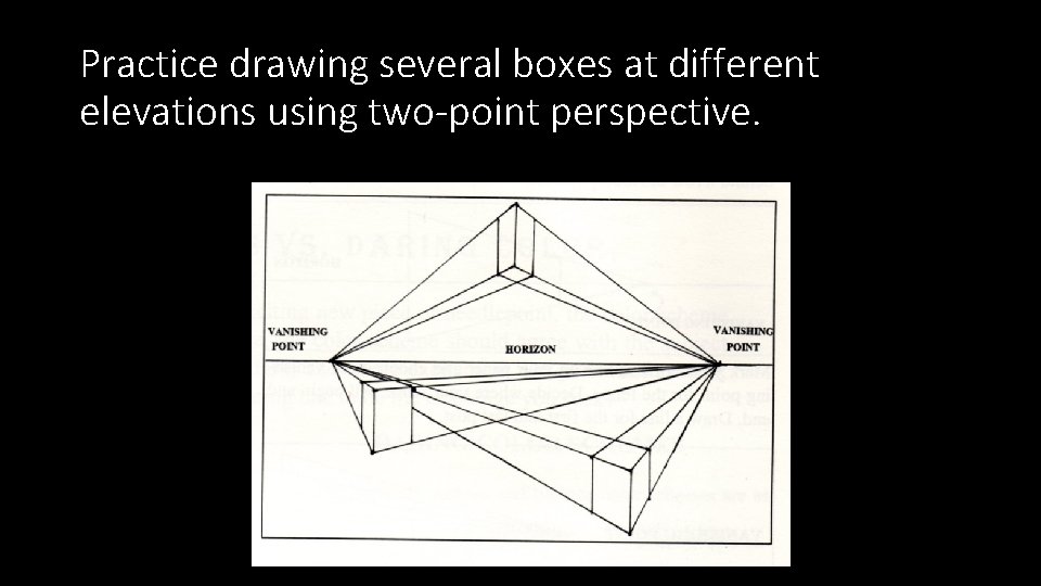 Practice drawing several boxes at different elevations using two-point perspective. 