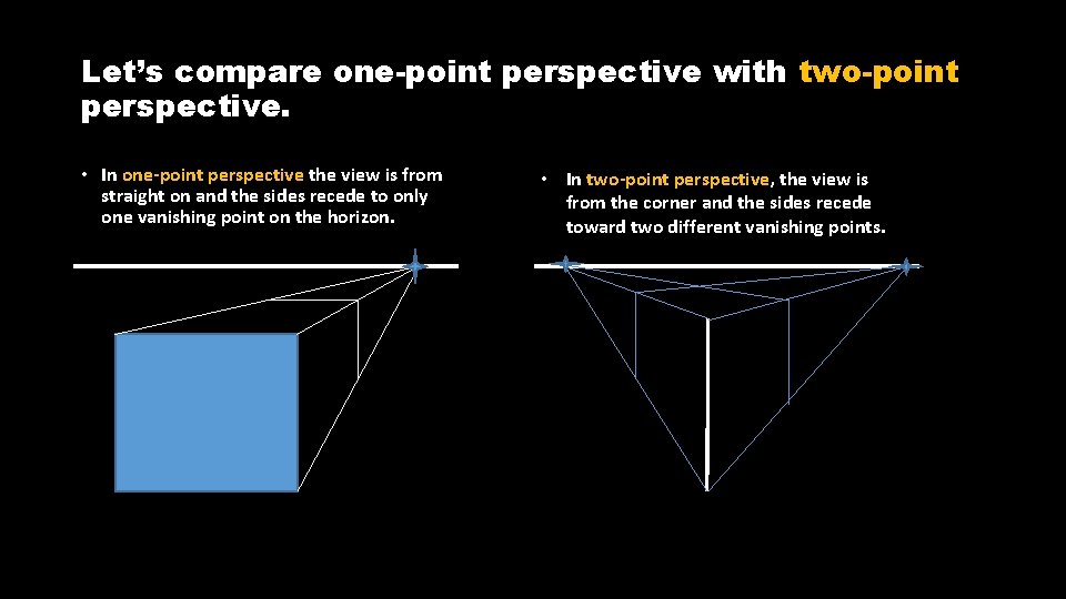 Let’s compare one-point perspective with two-point perspective. • In one-point perspective the view is