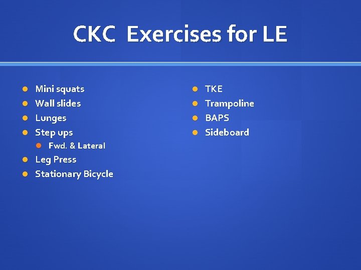CKC Exercises for LE Mini squats TKE Wall slides Trampoline Lunges BAPS Step ups