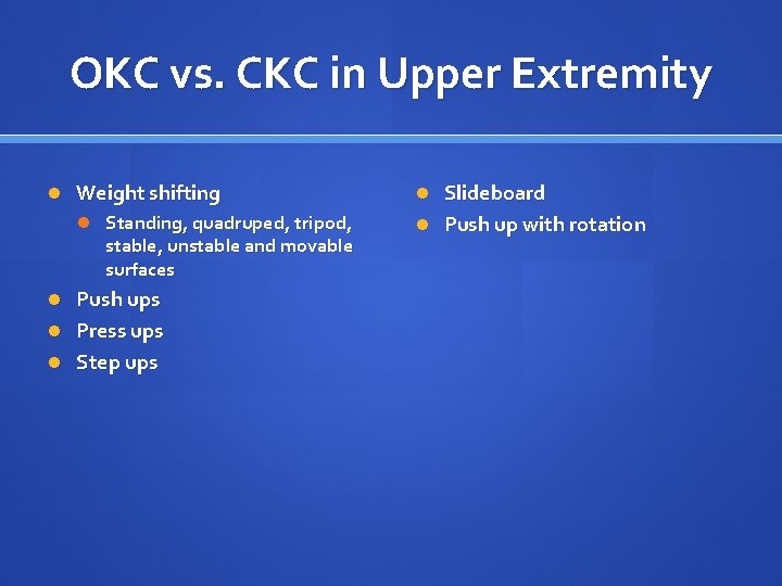 OKC vs. CKC in Upper Extremity Weight shifting Standing, quadruped, tripod, stable, unstable and