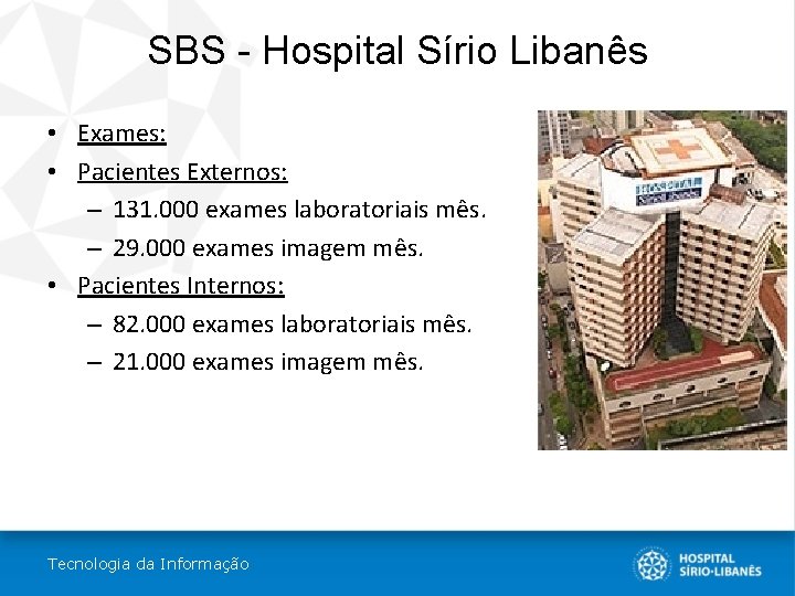 SBS - Hospital Sírio Libanês • Exames: • Pacientes Externos: – 131. 000 exames