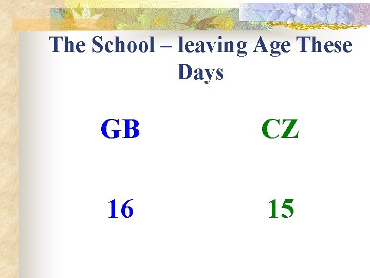 The School – leaving Age These Days GB CZ 16 15 