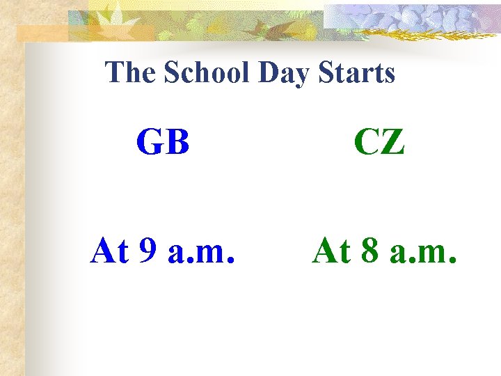 The School Day Starts GB CZ At 9 a. m. At 8 a. m.