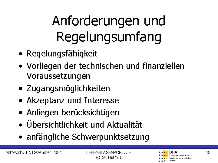 Anforderungen und Regelungsumfang • Regelungsfähigkeit • Vorliegen der technischen und finanziellen Voraussetzungen • Zugangsmöglichkeiten