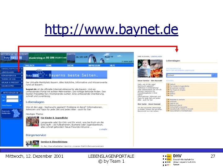 http: //www. baynet. de Mittwoch, 12. Dezember 2001 LEBENSLAGENPORTALE © by Team 1 27