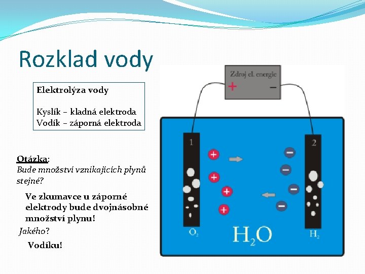 Rozklad vody Elektrolýza vody Kyslík – kladná elektroda Vodík – záporná elektroda Otázka: Bude