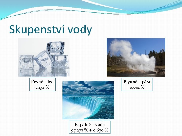 Skupenství vody Pevné – led 2, 132 % Plynné – pára 0, 001 %