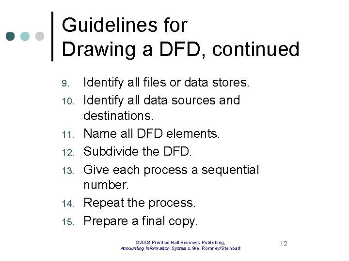 Guidelines for Drawing a DFD, continued 9. 10. 11. 12. 13. 14. 15. Identify