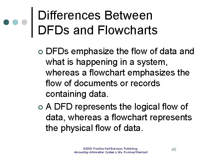 Differences Between DFDs and Flowcharts DFDs emphasize the flow of data and what is