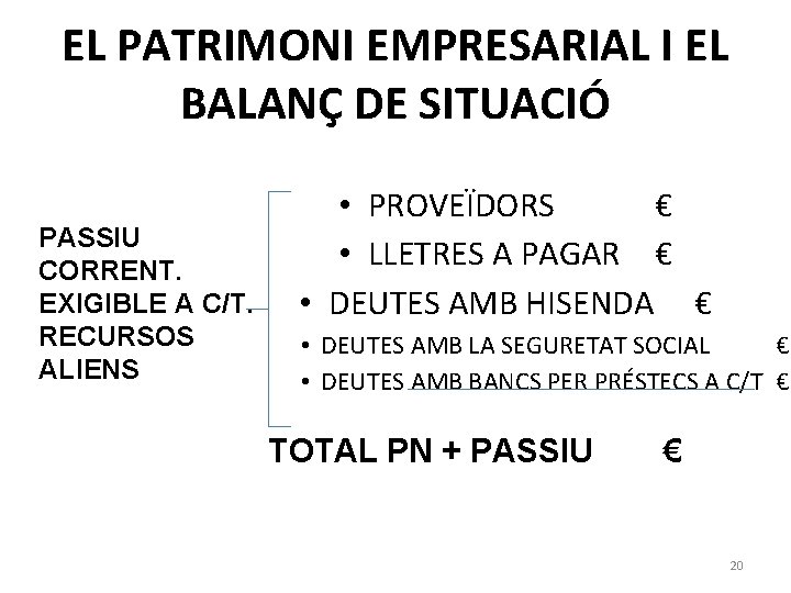 EL PATRIMONI EMPRESARIAL I EL BALANÇ DE SITUACIÓ PASSIU CORRENT. EXIGIBLE A C/T. RECURSOS