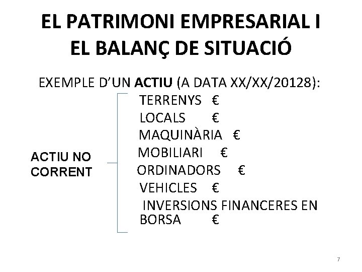 EL PATRIMONI EMPRESARIAL I EL BALANÇ DE SITUACIÓ EXEMPLE D’UN ACTIU (A DATA XX/XX/20128):