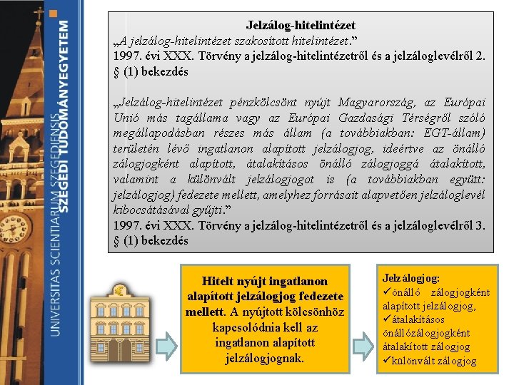 Jelzálog-hitelintézet „A jelzálog-hitelintézet szakosított hitelintézet. ” 1997. évi XXX. Törvény a jelzálog-hitelintézetről és a