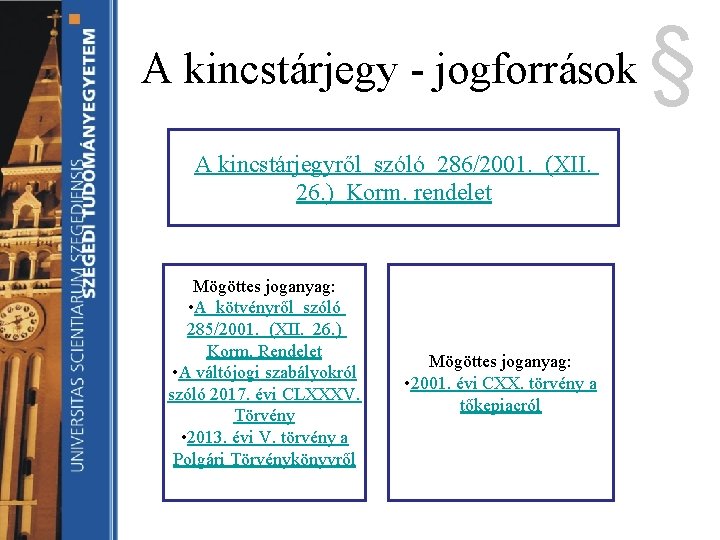 A kincstárjegy - jogforrások A kincstárjegyről szóló 286/2001. (XII. 26. ) Korm. rendelet Mögöttes