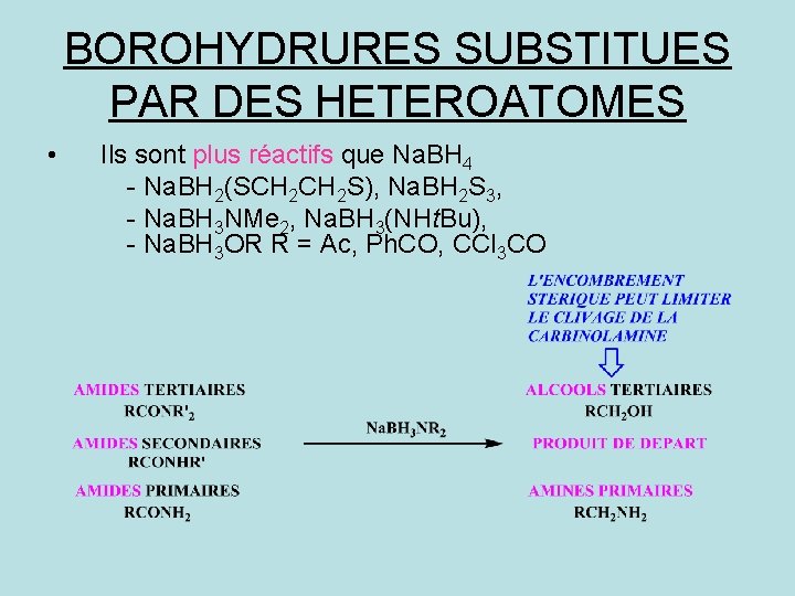 BOROHYDRURES SUBSTITUES PAR DES HETEROATOMES • Ils sont plus réactifs que Na. BH 4
